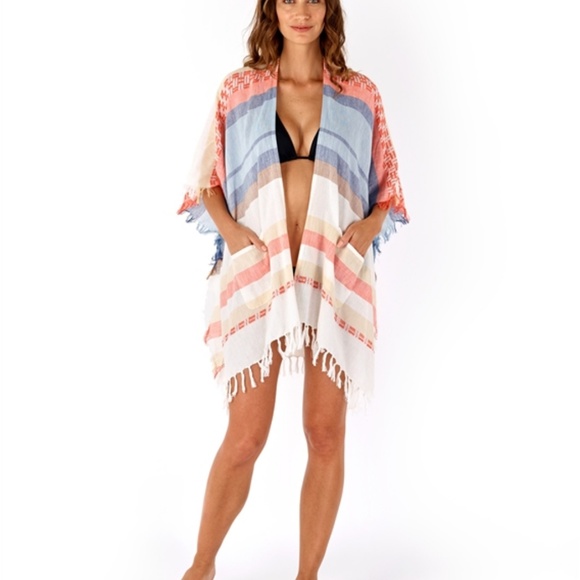 Echo Design Blanket Stripe Kimono Boho Blue Coral - Picture 2 of 7